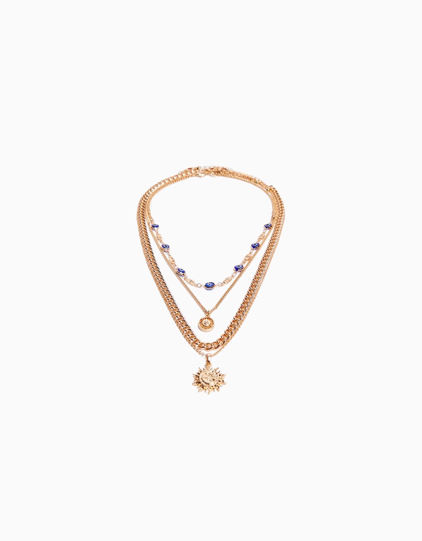Set de collares Multinivel (Ojo turco azul y Sol Bohemio) chapados en oro 18k + Set de regalo+ La caja de regalo🎁