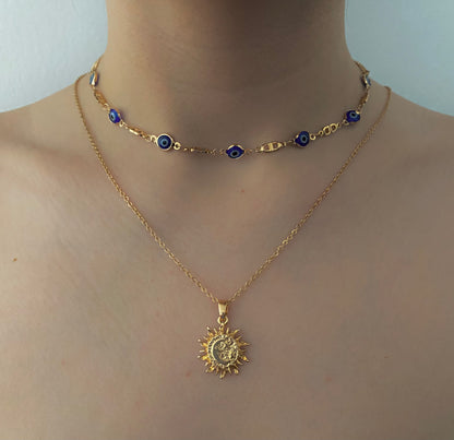 Set de collares Multinivel (Ojo turco azul y Sol Bohemio) chapados en oro 18k + Set de regalo+ La caja de regalo🎁